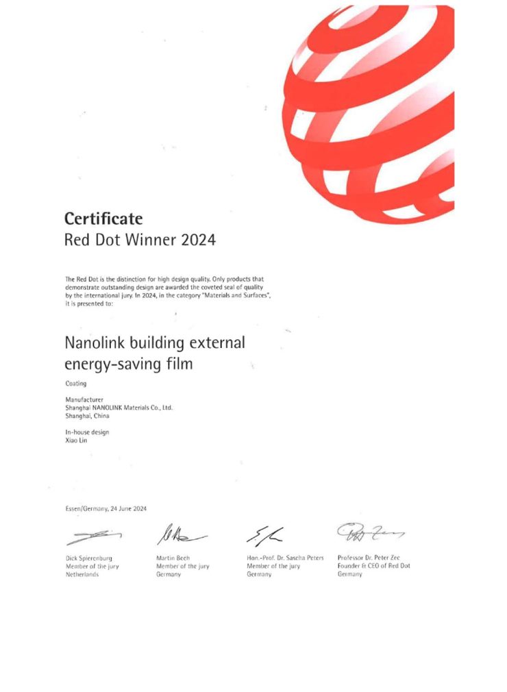 ใบรับรอง Red Dot Winner 2024 หมวด Materials and Surfaces สำหรับ Nanolink building external energy-saving film